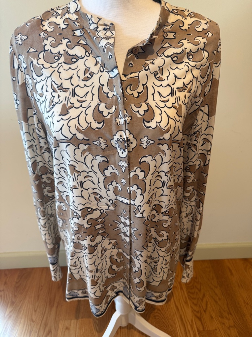 Tory Burch Silk Taupe and White Printed Tunic Top